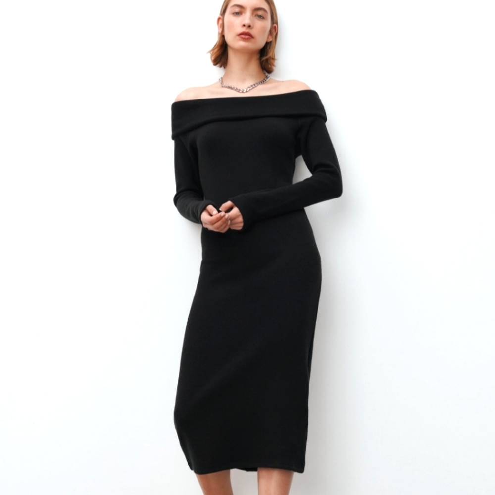 Zara Midi Off Shoulder Black Dress. M.